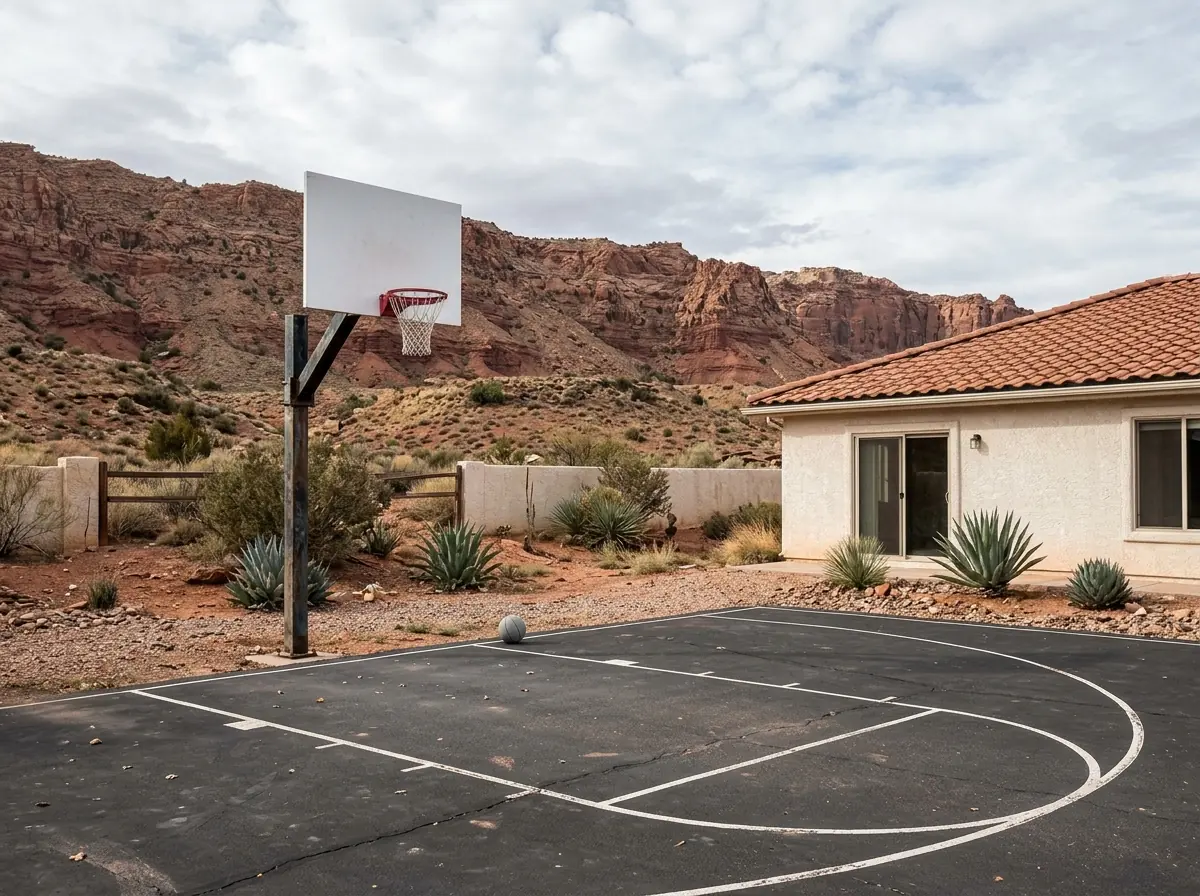 Backyard asphalt half-court with a basketball hoop and painted key beside a stucco home, desert landscaping and red rock cliffs behind