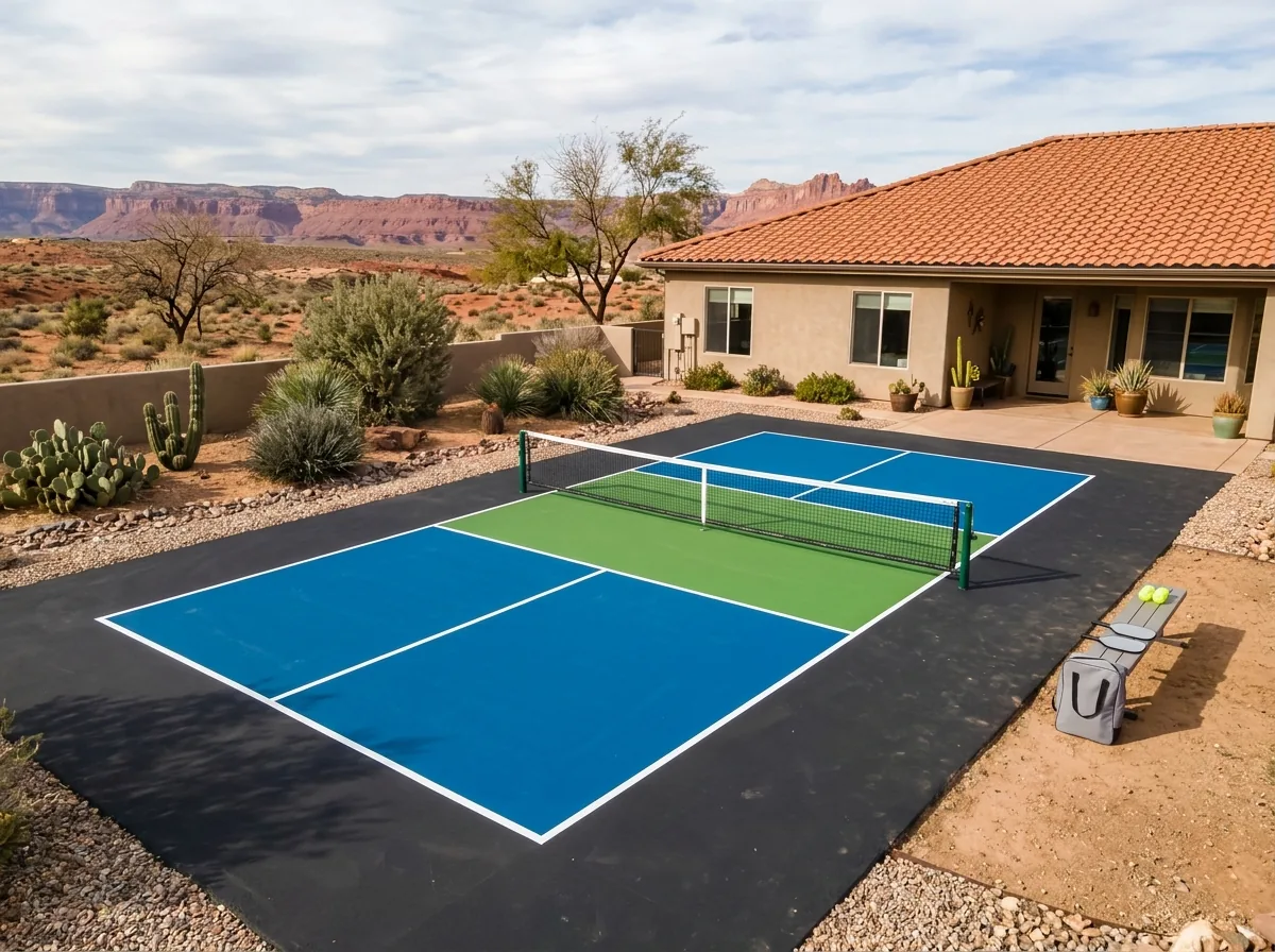 Pickleball court with a green and blue acrylic surface and white lines on an asphalt pad behind a stucco home with a tile roof