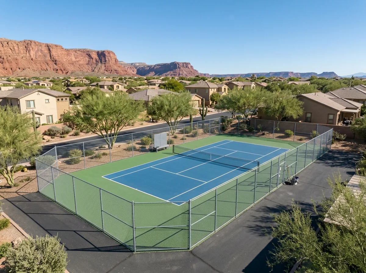 Fenced asphalt tennis court with a blue acrylic surface and green surround next to a desert neighborhood under clear sky